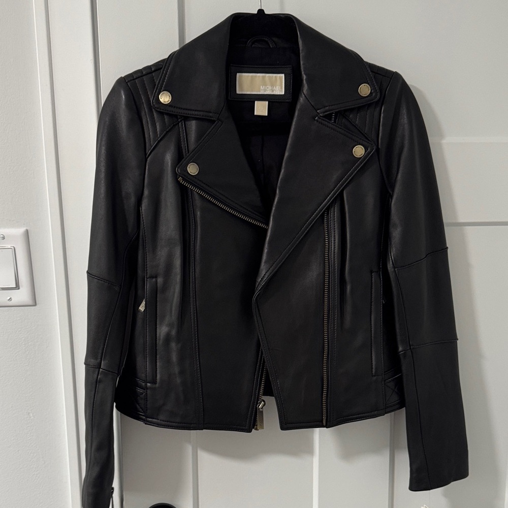 Michael Kors Black Leather Jacket with Gold Buttons